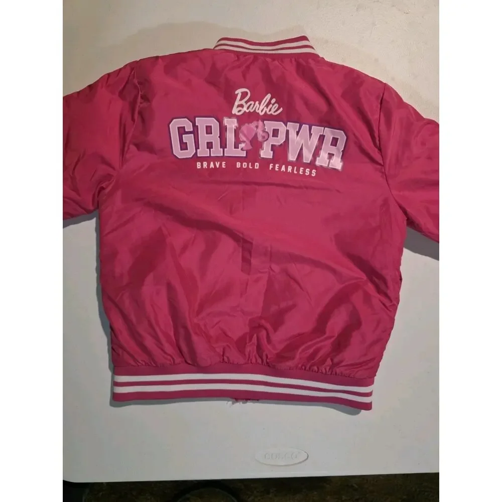 Barbie Bomber Jacket Girls 7/8 Button Up Varsity 59 Pink Youth Kids Coat